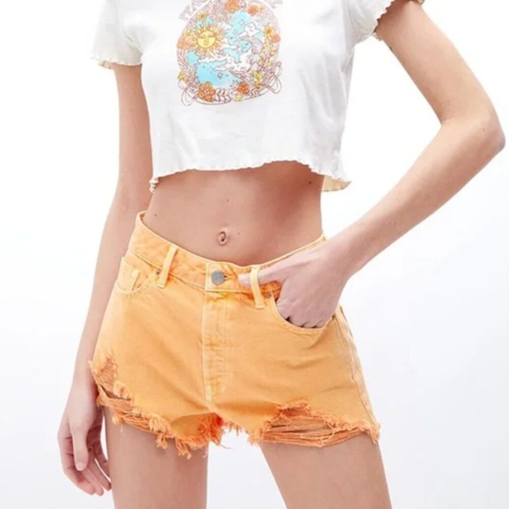 {Pacsun} High Rise Festival Distressed Denim Shorts | Orange ~ Size 27